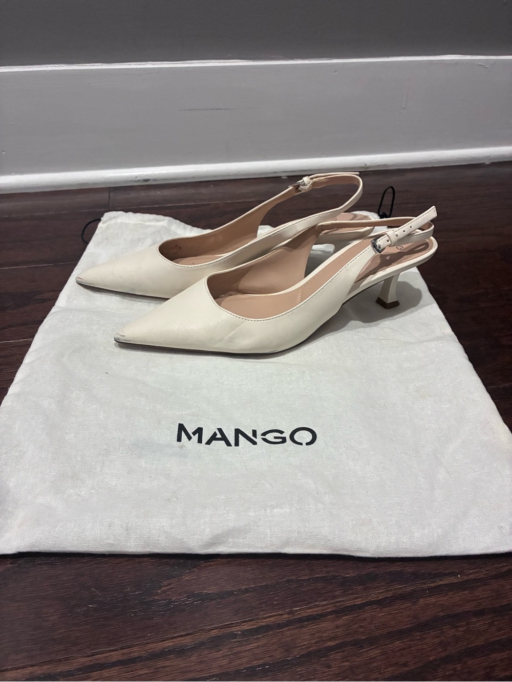 Mango Ivory Pointed-Toe Slingback Kitten Heels